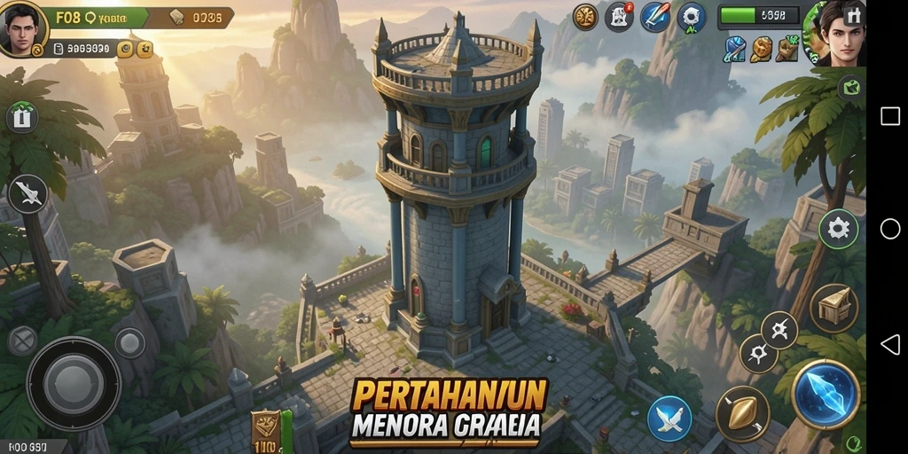 Tangkapan layar gameplay F08 menampilkan pertahanan menara yang epik.