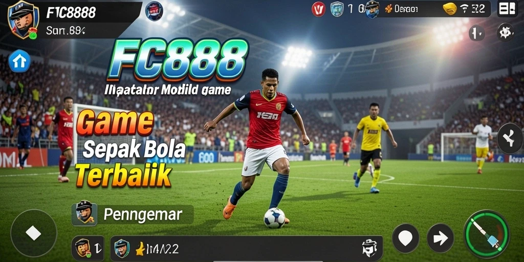 Screenshot gameplay FC888 menunjukkan aksi seru di lapangan sepak bola.