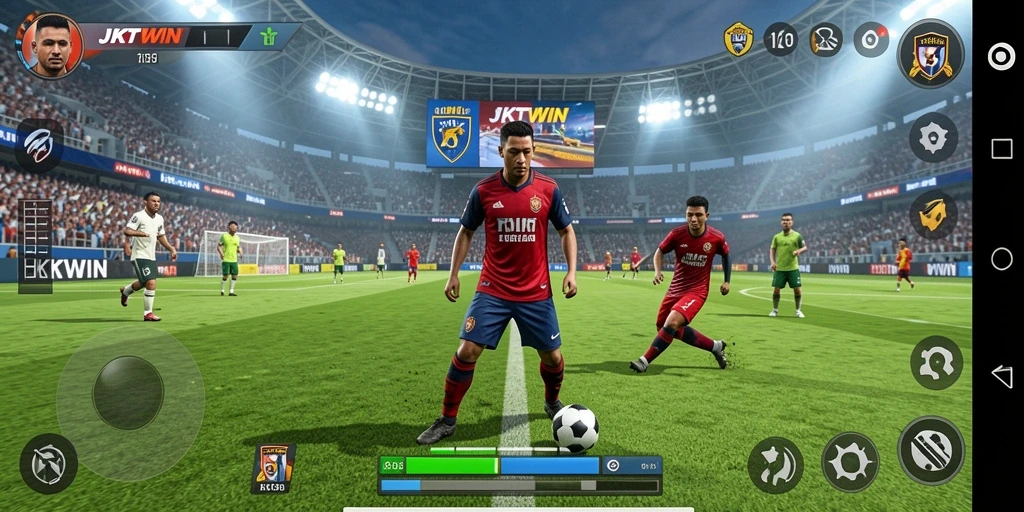 Screenshot JKTWIN menampilkan aksi seru pertandingan sepak bola.