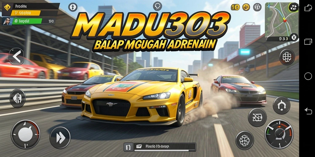Tangkapan layar MADU303 menampilkan momen balapan yang intens dengan mobil yang melaju kencang.