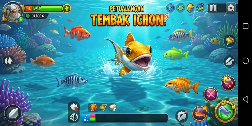 Tampilan gameplay ZK7 yang menegangkan dengan aksi menembak ikan.